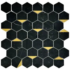 Мозаика Marble Mosaic Hexagon Nero Marquina Gold Pol (чип 4,8x4,8) 4 mm 29,8x30,5